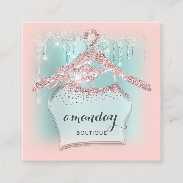 Cartão De Visita Quadrado Rosa Closet Closet Hanger Dress Boutique Mint (Frente)