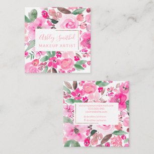Cartão De Visita Quadrado Rosa cor-de-água floral cor-de-rosa Dourada