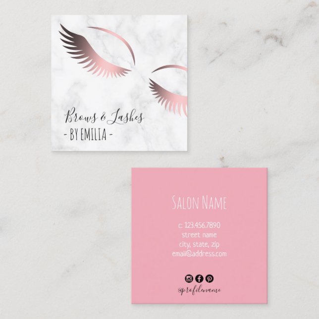 Cartão De Visita Quadrado Rosa de ouro de mármore branco moderno (Frente/Verso)