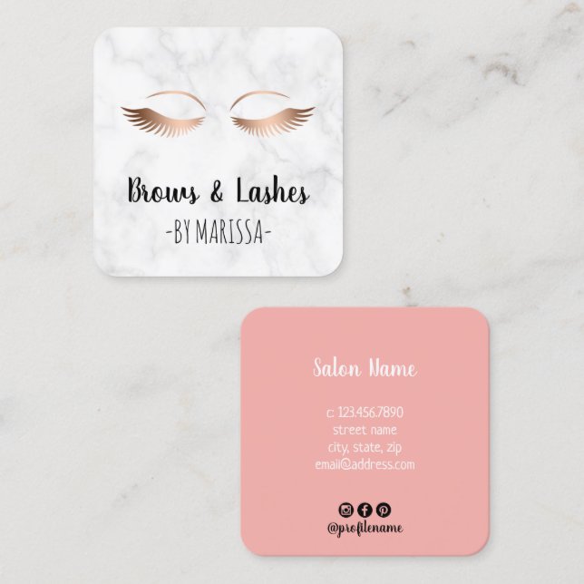 Cartão De Visita Quadrado Rosa de ouro de mármore branco moderno (Frente/Verso)