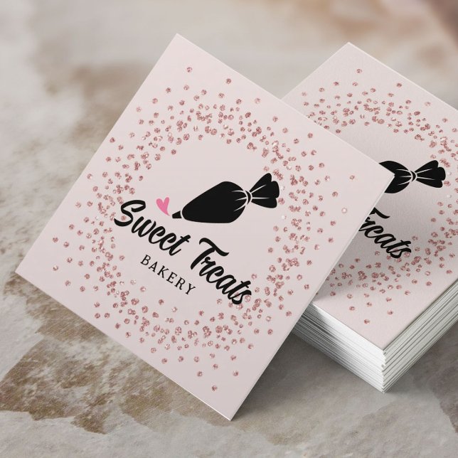 Cartão De Visita Quadrado Rosa de padaria de pastelaria de pastelaria de cup (Criador carregado)