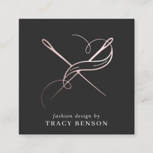 Cartão De Visita Quadrado Rosa Dourado à mão Agulha e thread