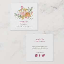 Cartão De Visita Quadrado Rosa e ícones florais Dourados dos meios do Social