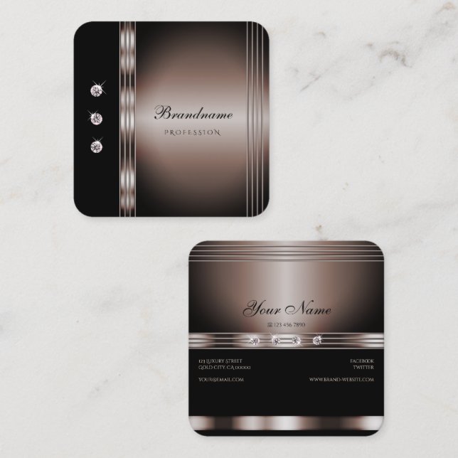 Cartão De Visita Quadrado Rosa Escuro Elegante Dourado e Preto com Reféns (Frente/Verso)