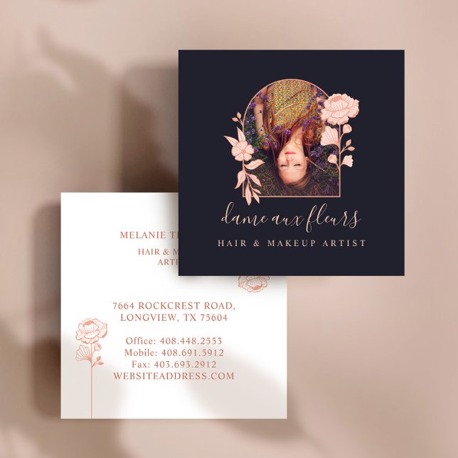 Cartão De Visita Quadrado Rosa Floral moderno Marinho de Beleza Fotográfica (Modern Floral Rose Beauty Photo Arch Navy Square Business Card)