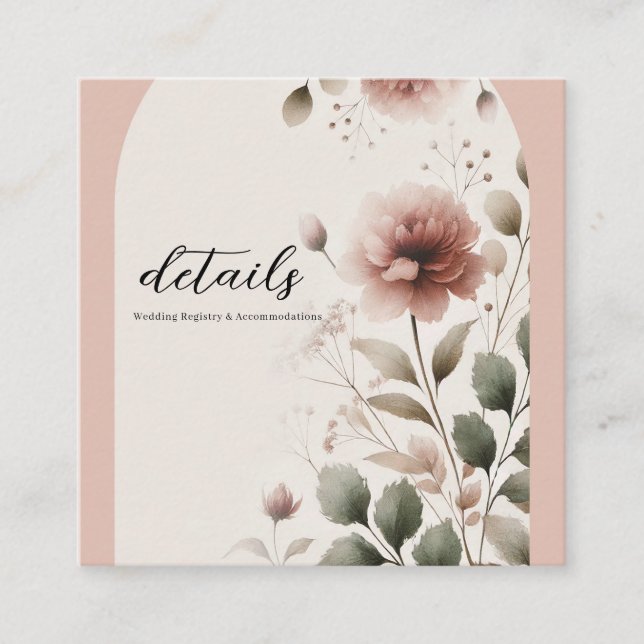 Cartão De Visita Quadrado Rosa Floral Verde e Rosa Deserto Casamento (Frente)