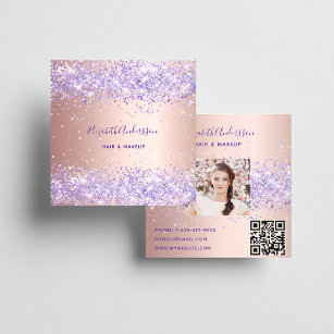 Cartão De Visita Quadrado Rosa gold rople glitter foto qr code