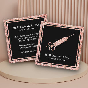Cartão De Visita Quadrado Rosa Negra Glitter Dourado Seringa Cirurgião Plást