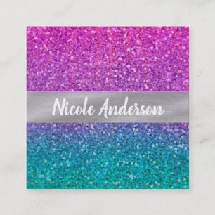 Cartão De Visita Quadrado Rosa Teal Água Azul e Glitter Espelhado Roxo
