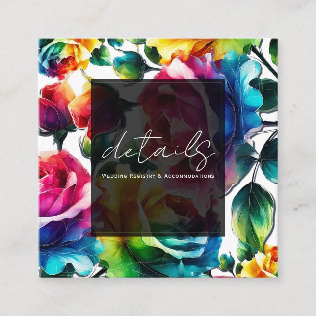 Cartão De Visita Quadrado Rosas Arco-íris Preto e Branco Detalhes Florais Vi (Frente)