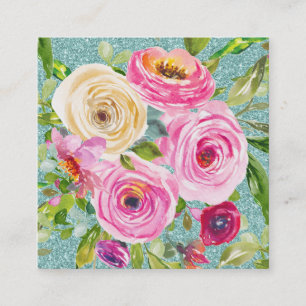 Cartão De Visita Quadrado Rosas de aquarela rosa e creme