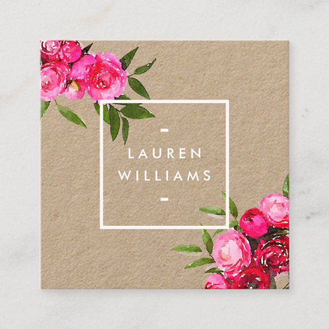 Cartão De Visita Quadrado Rosas de cor d'água do luxo em Kraft (Frente)