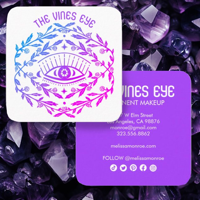 Cartão De Visita Quadrado Rosas Místicos Vinhas Magnéticas Boho (Cool boho botanical eye line art in purple on these custom square business cards w social icons)
