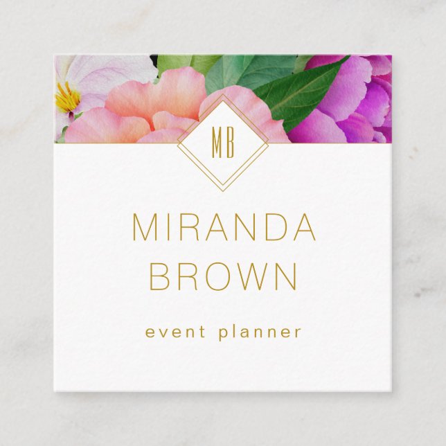 Cartão De Visita Quadrado Rosas Rosa Púrpura, Floral, de Aquarela Moderna (Frente)