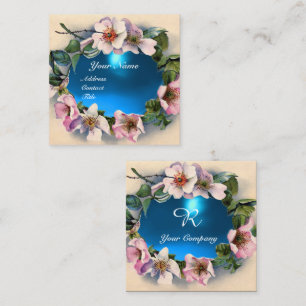 Cartão De Visita Quadrado Rosas SELVAGENS COM MONOGRAMA DE PEDRA AZUL AQUA
