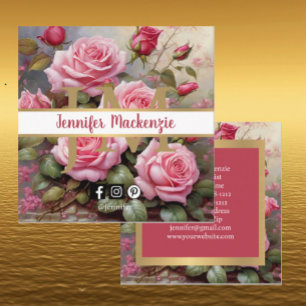 Cartão De Visita Quadrado Rosas Vintage Dourado Bonito Rosa