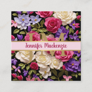 Cartão De Visita Quadrado Rosas Vintage Flores Dourado Rosa Bonito Roxo