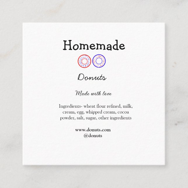 Cartão De Visita Quadrado Rosquinhas caseiras feitas com amor adicionar text (Frente)