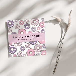 Cartão De Visita Quadrado Rosquinhas rosa, Rosquinhas roxas, Compro de bolos