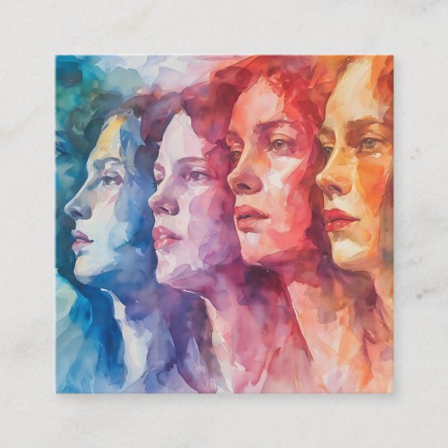 Cartão De Visita Quadrado Rostos femininos - Pintura por aquarela (Frente)