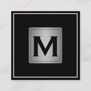 Cartão De Visita Quadrado Rótulo Metálico de Prata Clássica com Monograma