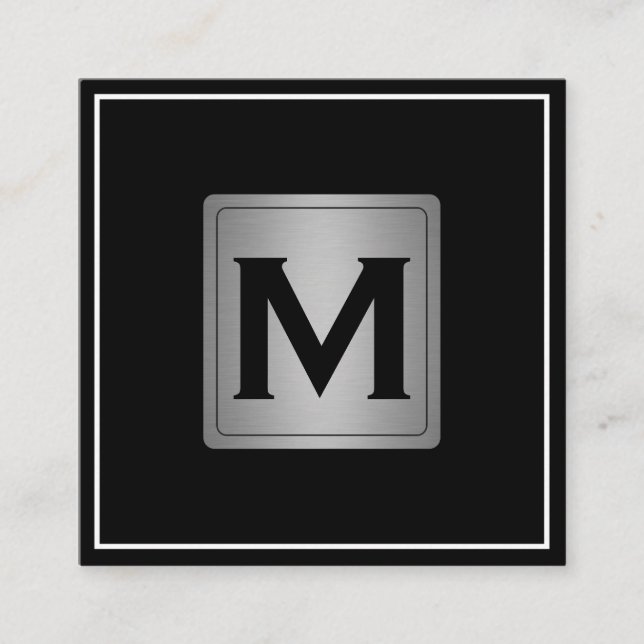 Cartão De Visita Quadrado Rótulo Metálico de Prata Clássica com Monograma (Frente)