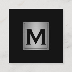 Cartão De Visita Quadrado Rótulo Metálico de Prata Clássica com Monograma