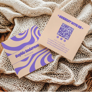 Cartão De Visita Quadrado Roxo Abstrato Groovy Retrô com Código QR