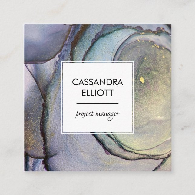 Cartão De Visita Quadrado Roxo Azul e Tinta Álcool Dourada Arte Líquida (Frente)