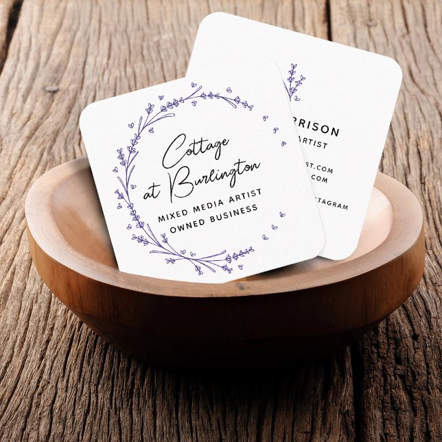 Cartão De Visita Quadrado Rua Lavanda Floral Rústica Corações (Rustic Floral Lavender Hearts Wreath Square Business Card)