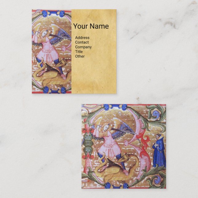 Cartão De Visita Quadrado Rua: Pergaminho Antiguo Michael Archangel Monogram (Frente/Verso)