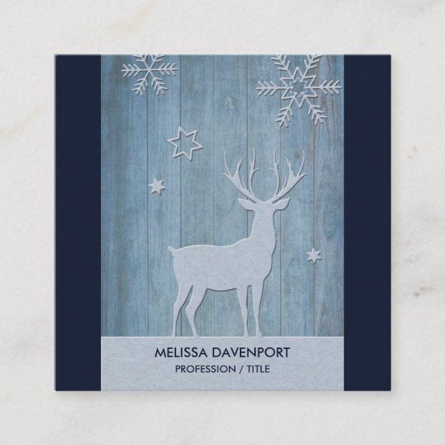 Cartão De Visita Quadrado Rustic Blue Wood Reindet — Natal (Frente)