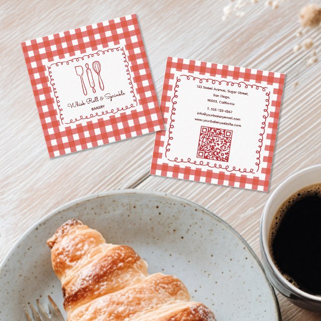 Cartão De Visita Quadrado Rustic Farmhouse Gingham Bakery QR Code (Criador carregado)
