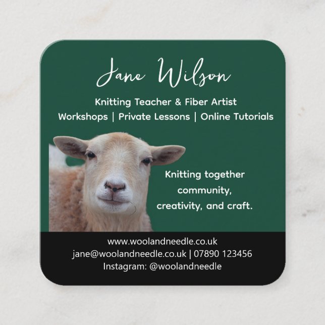 Cartão De Visita Quadrado Rustic Knitting Teacher Business Card | Wool Yarn  (Frente)