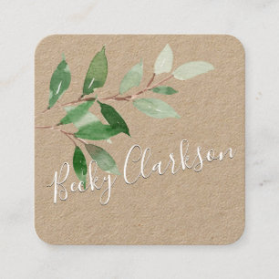 Cartão De Visita Quadrado Rustic Kraft Paper Greenery White Script