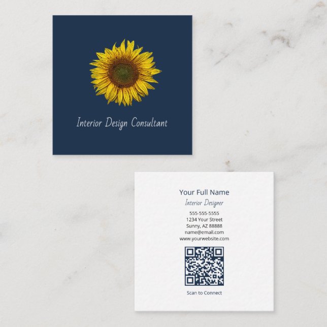 Cartão De Visita Quadrado Rustic Sunflower QR code Boho Navy Blue (Frente/Verso)