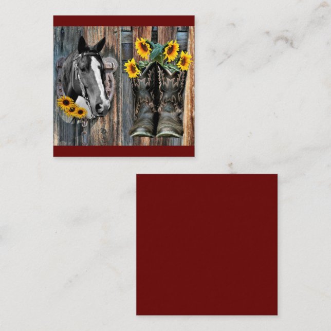 Cartão De Visita Quadrado Rustic Western Horse Cowboy Botas Sunflower (Frente/Verso)