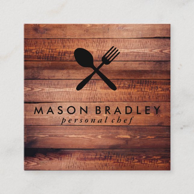 Cartão De Visita Quadrado Rustic Wood Utensils (Frente)