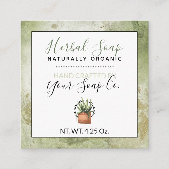Cartão De Visita Quadrado Sabonete Herbal com Efeito de Aquarela Verde / Sus (Frente)