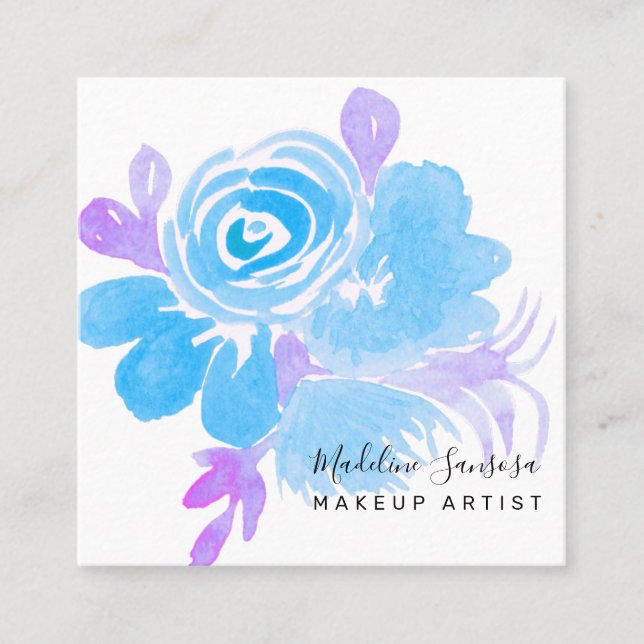 Cartão De Visita Quadrado Salão Azul Púrpura, Azul, Botânico, Aquarela (Frente)