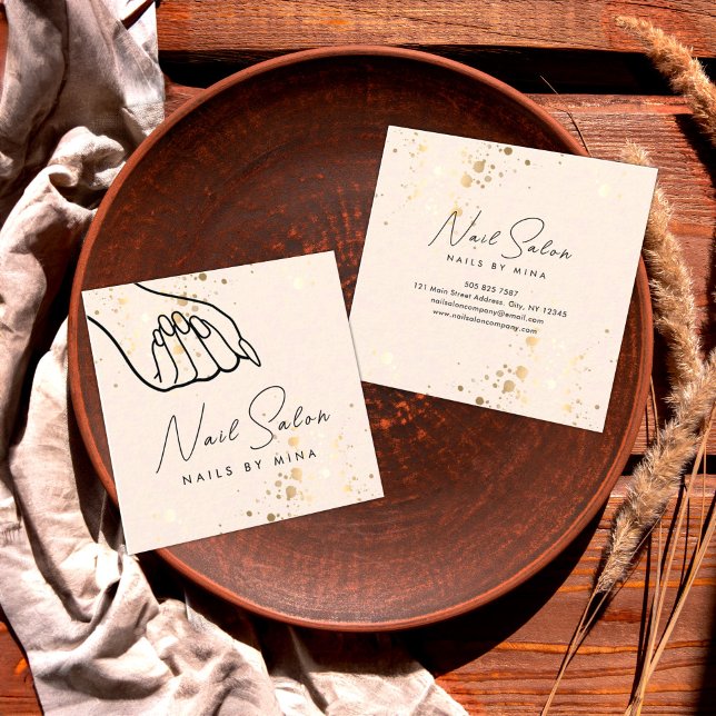 Cartão De Visita Quadrado Salão das unhas dos Speck Dourados Neutros (Criador carregado)