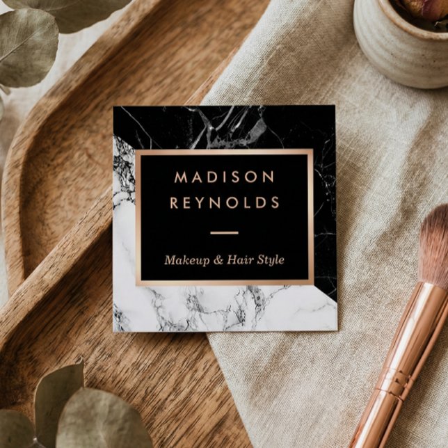 Cartão De Visita Quadrado Salão de Beleza Dourada do Mármore Branco Negro (Criador carregado)