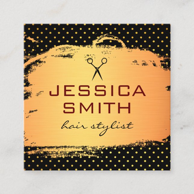 Cartão De Visita Quadrado Salão de Bolinhas Dourada escovado (Frente)