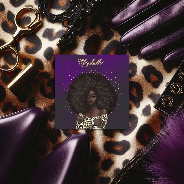 Cartão De Visita Quadrado Salão de Cabelo Americano Leopardo Dourado e roxo (Gold and Purple Leopard African American Hair Salon Square Business Card)