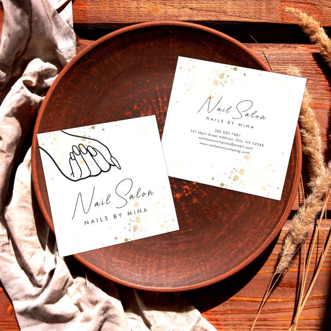 Cartão De Visita Quadrado Salão de unhas de Speck Dourados brancos (Criador carregado)