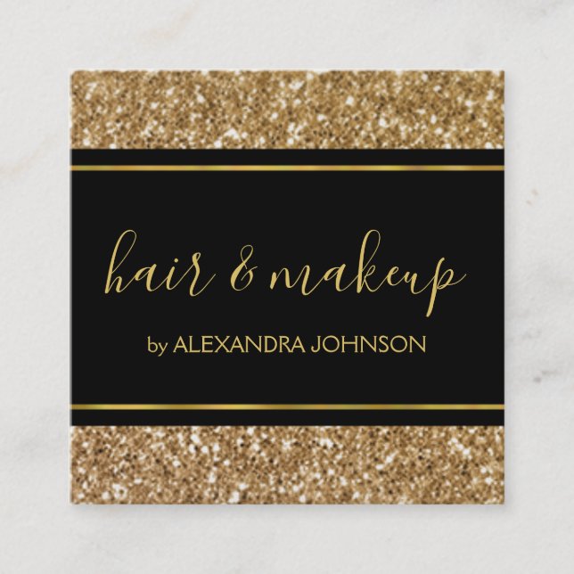 Cartão De Visita Quadrado Salão Glitter Negra e Dourada Girassol (Frente)