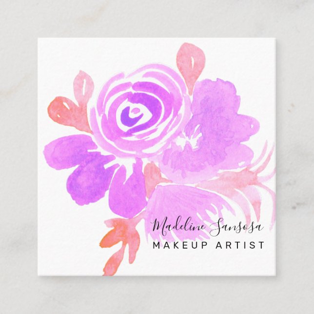 Cartão De Visita Quadrado Salão Rosa Púrpura Púrpura, Forma Fluvial, Aquarel (Frente)