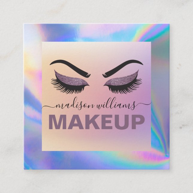 Cartão De Visita Quadrado Script de Assinatura Elegante Holográfico de Faux  (Frente)