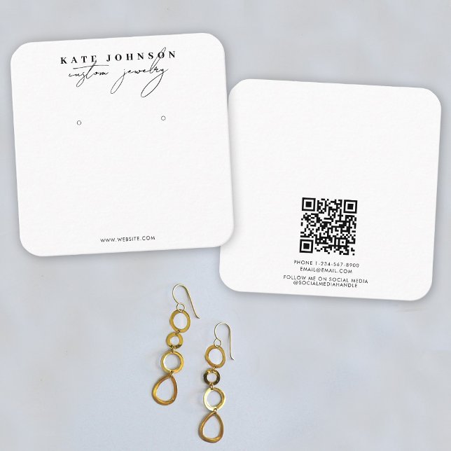 Cartão De Visita Quadrado Script de Exibição do Retentor de Jogo Branco Pret (Black White Jewelry Holder Earring Display Script Square Business Card)