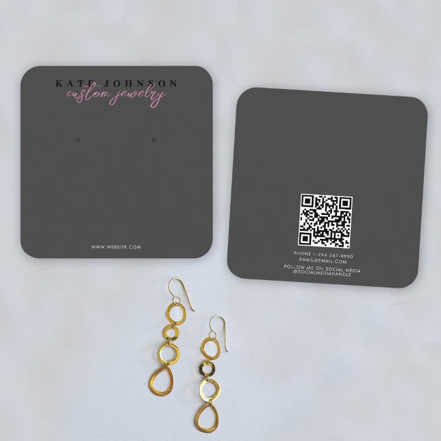 Cartão De Visita Quadrado Script de Exibição do Retentor de Joias Rosa Preto (Black Pink Jewelry Holder Earring Display Script Square Business Card)